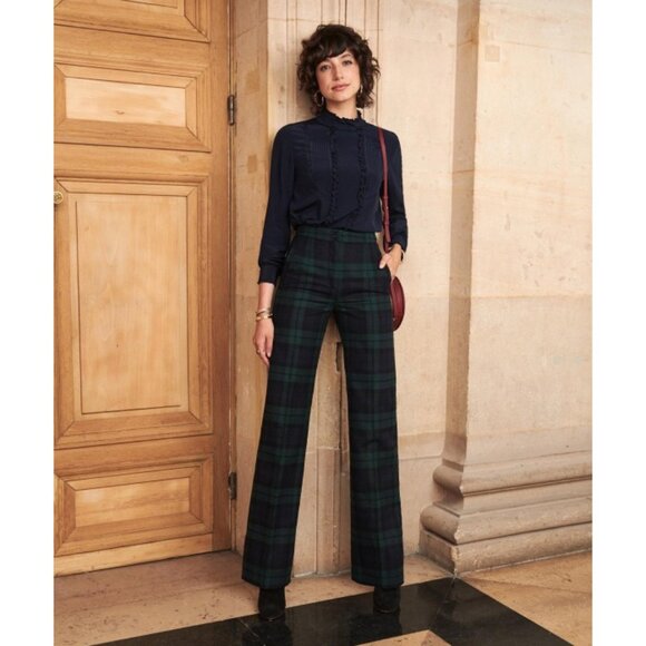 EUC Sezane Martin Blackwatch Plaid Wool Blend Wide Leg Trousers 36, 4 - Picture 1 of 9